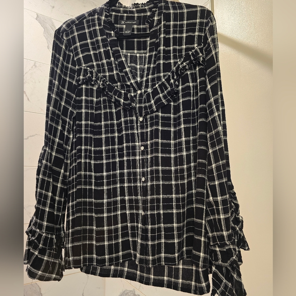 Anna Sui For INC Black and White Checkered Button Down Ruffle Shirt
